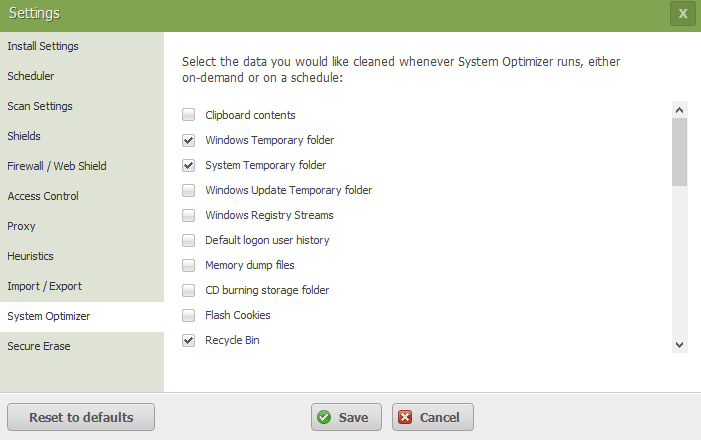 Webroot System Optimizer Settings 1